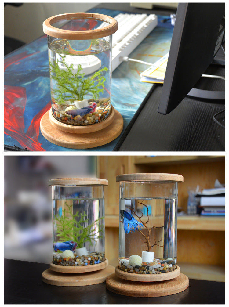 Mini Glass Aquarium with Bamboo Base Decorative Fish Tank for Small Offices