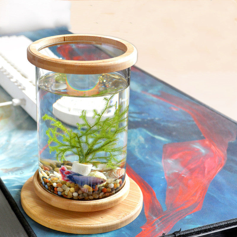 Mini Glass Aquarium with Bamboo Base Decorative Fish Tank for Small Offices