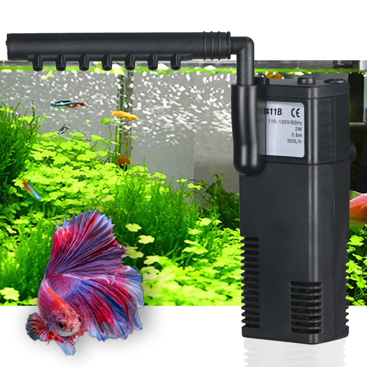 79 GPH Aquarium Filter Silent 4-in-1 Internal Filter for 2–15 Gallon Betta, Shrimp & Turtle Tanks
