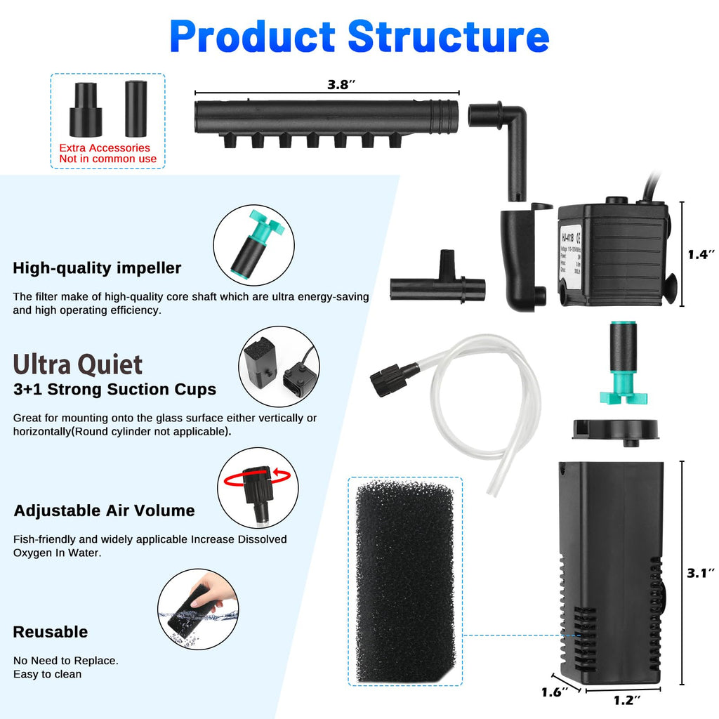 79 GPH Aquarium Filter Silent 4-in-1 Internal Filter for 2–15 Gallon Betta, Shrimp & Turtle Tanks