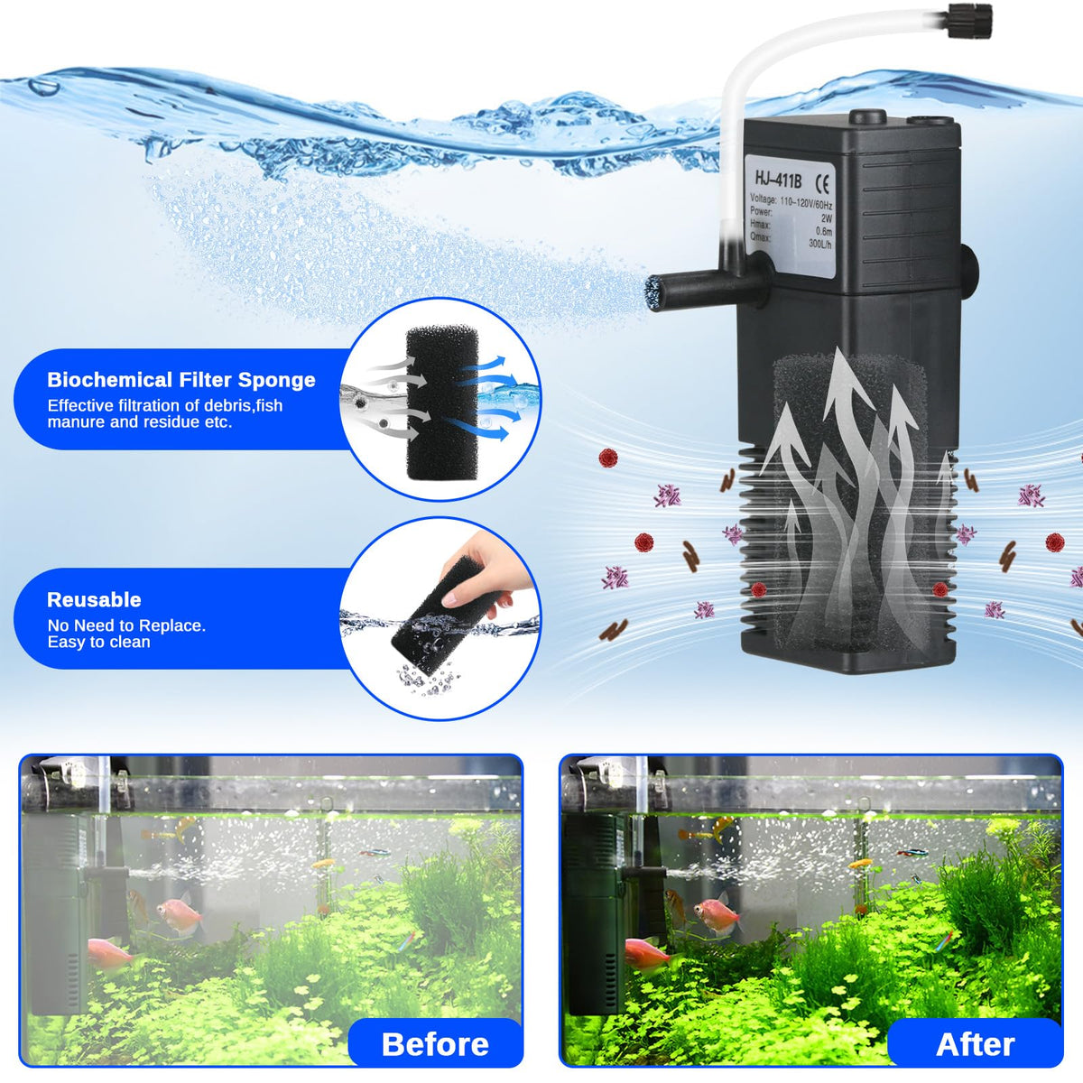 79 GPH Aquarium Filter Silent 4-in-1 Internal Filter for 2–15 Gallon Betta, Shrimp & Turtle Tanks