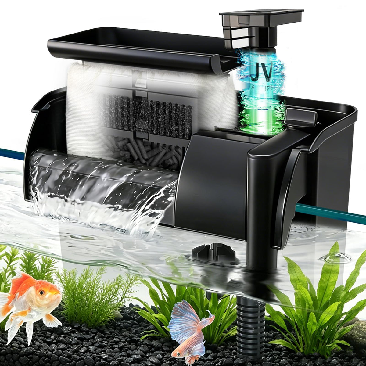 344GPH Hang-On Back Aquarium Filter 5-Stage UV Water Clarifier for 40–150 Gallon Fish Tanks