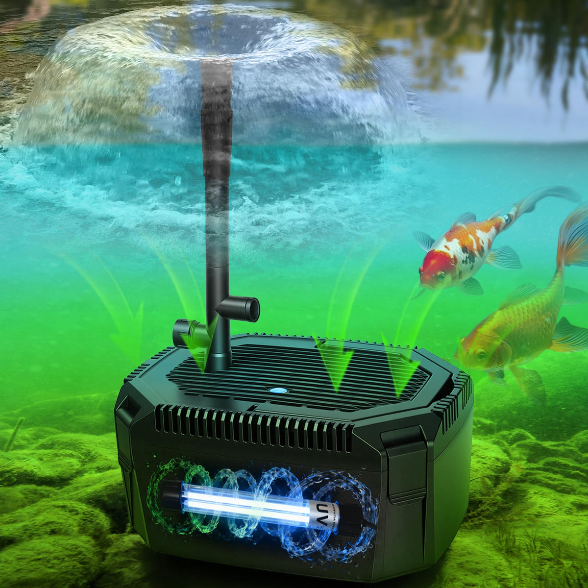 660 GPH Pond Filter Fountain Kit 18W UV Clarifier with 42W Pump for 1500 Gallon Koi Ponds